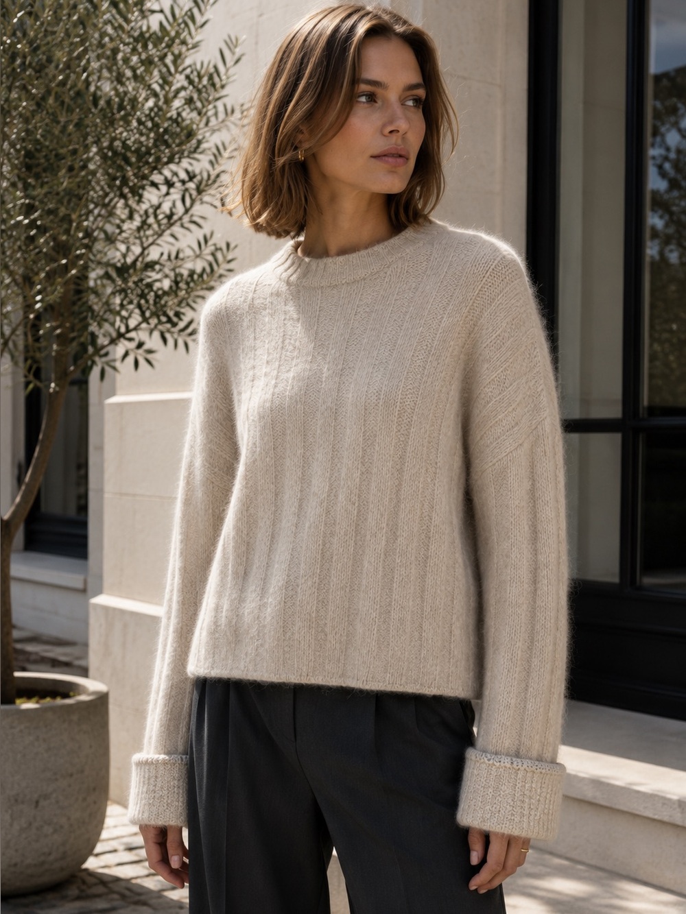 J. ING Heavy Capsule Wardrobe Cream Wool Blend Cable Knit Sweater, S/M